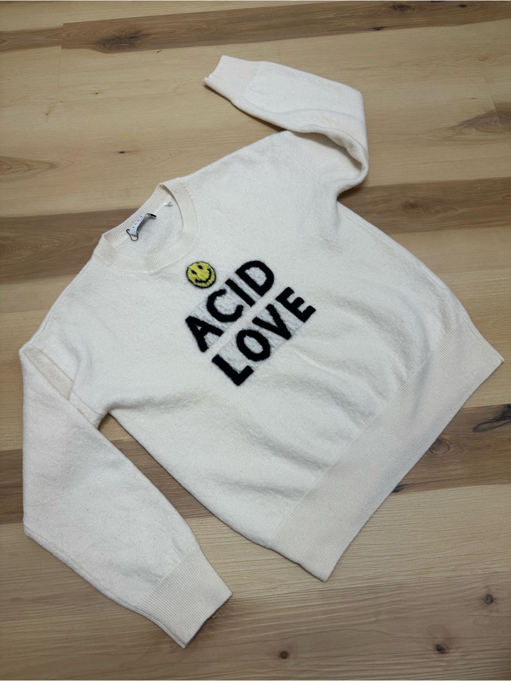 Sandro Paris x Smiley Collaboration Acid Love Zola Cashmere Blend Sweater Ecru